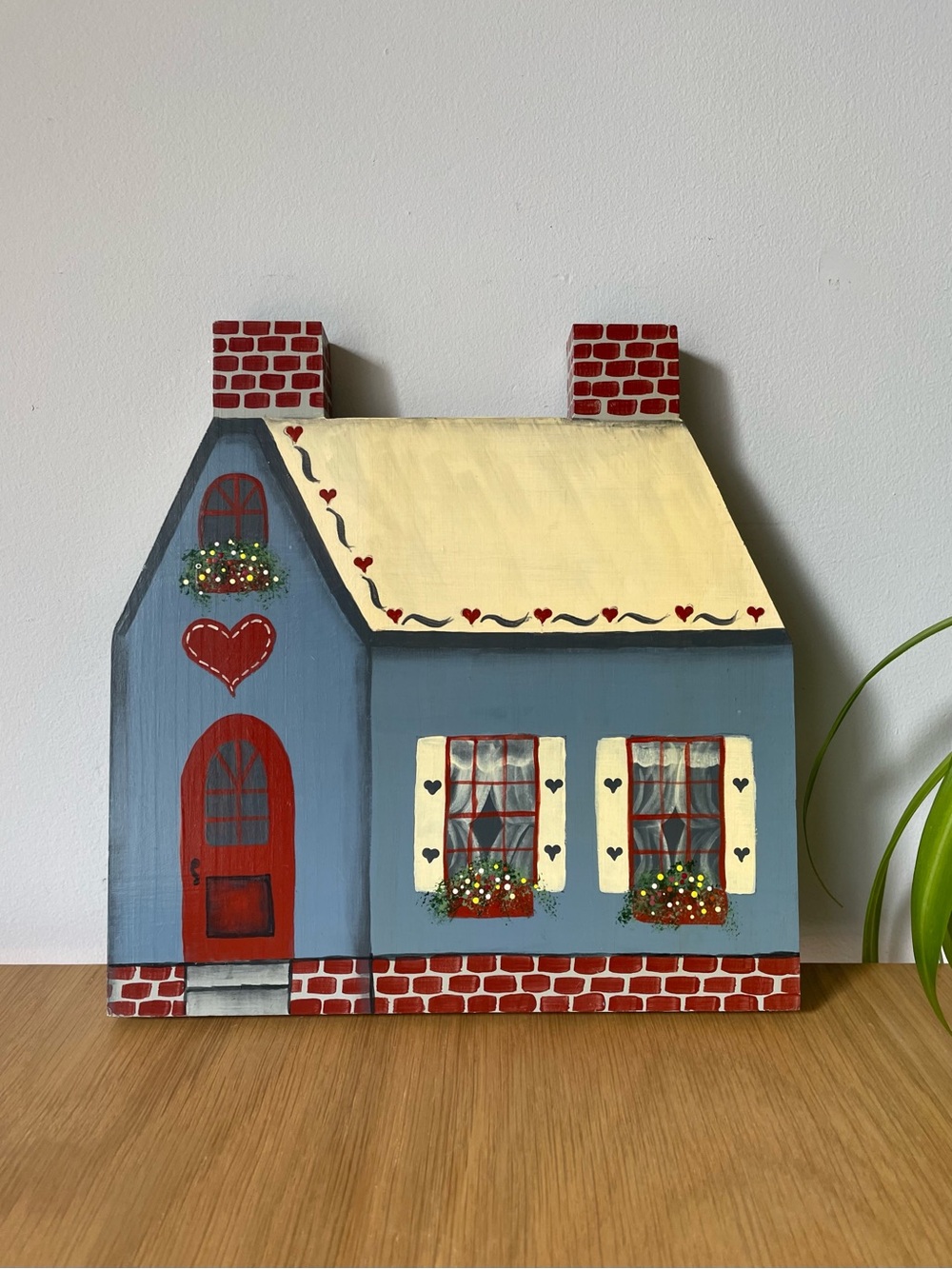 Vintage Cottagecore Folk Art Hand-Painted Wooden House Wall Plaque Signed